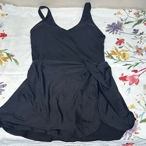 Black Sleeveless V-Neck One Piece Swim with Built in Coverup Skirt